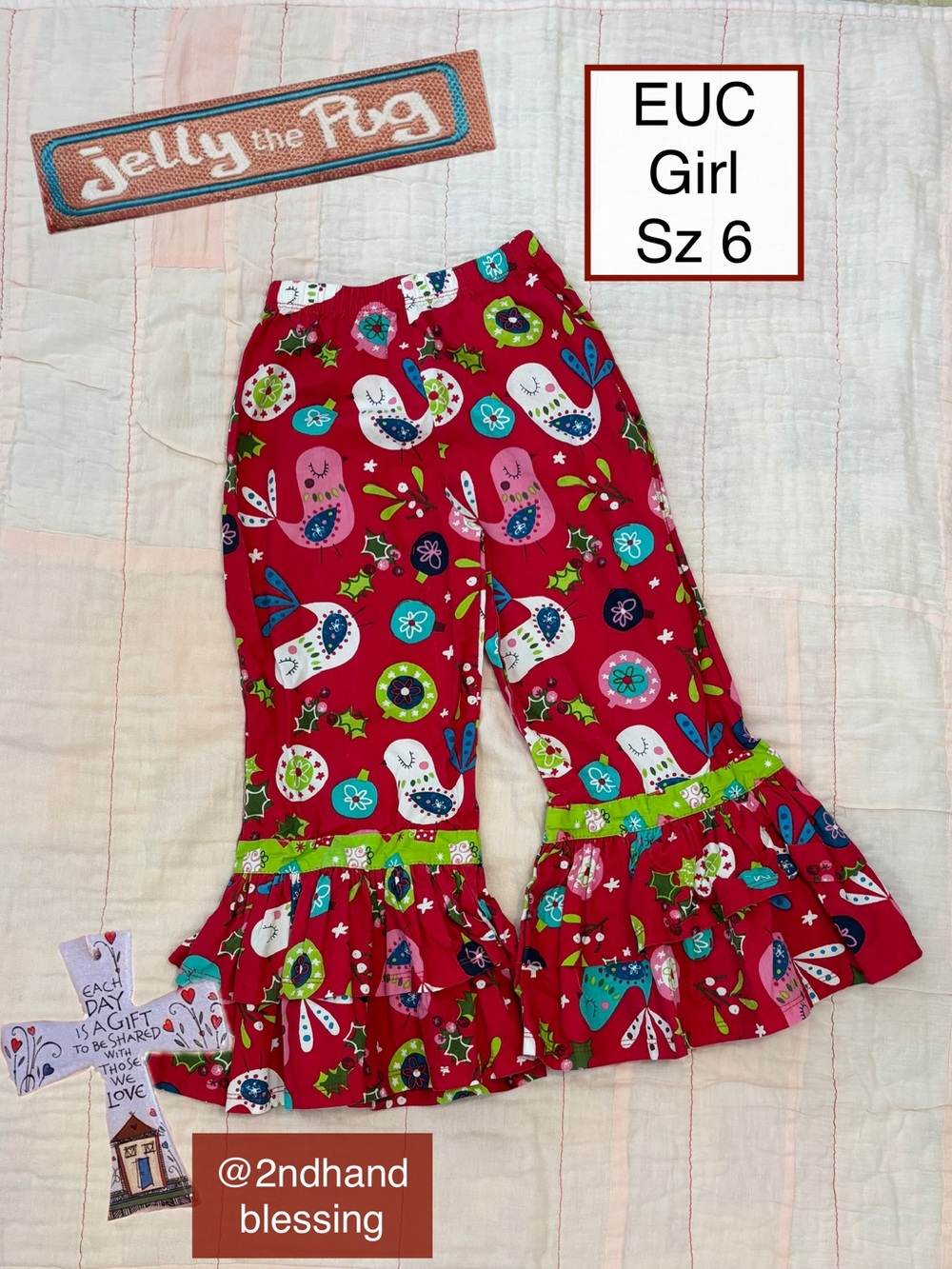 EUC Jelly The Pug Holiday Ruffle Bottom Pants, Girl 6, Christmas Day Collection